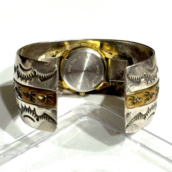 Signed - Ken & Mary Bill Navajo Vntg Sterling Silver Gold Wash Watch Cuff - Picture 2 of 12